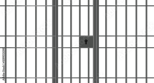Realistic metal prison bars. Criminal background mockup. Prison cage with locked door metal bars. Jail door. Prison metal bars. Prison cell