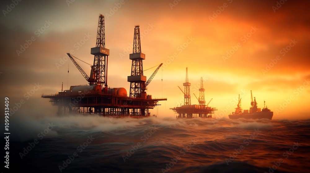 Obraz premium Dramatic sunset view of an offshore oil terminal with rusting metal platforms cranes and loading tankers silhouetted against an orange sky