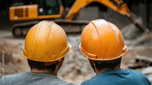 Construction workers overseeing heavy machinery construction site candid photography urban environment close-up perspective industry insights photo