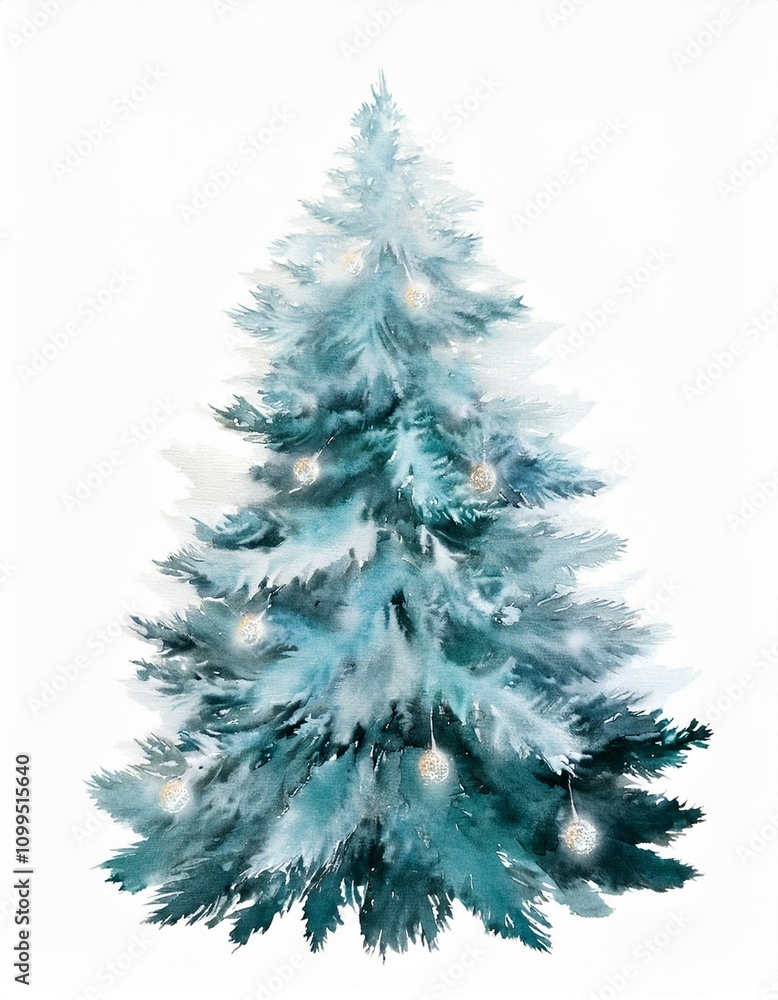 Fototapeta premium Festive Teal Watercolor Christmas Tree with Lights Ornaments