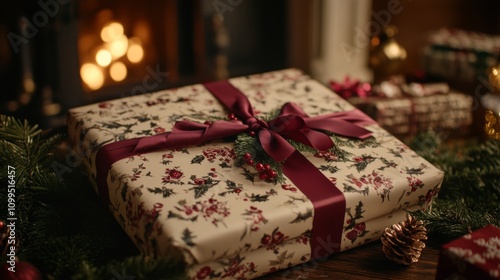 A Beautifully Wrapped Christmas Gift Near A Fireplace