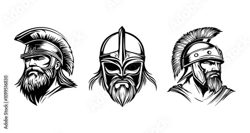 Trio of fierce gladiator heads with helmets and beards. photo