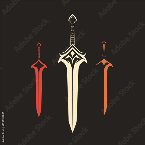 Three stylized swords with intricate designs on dark background.