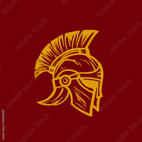 Golden gladiator helmet on crimson backdrop, classical style.