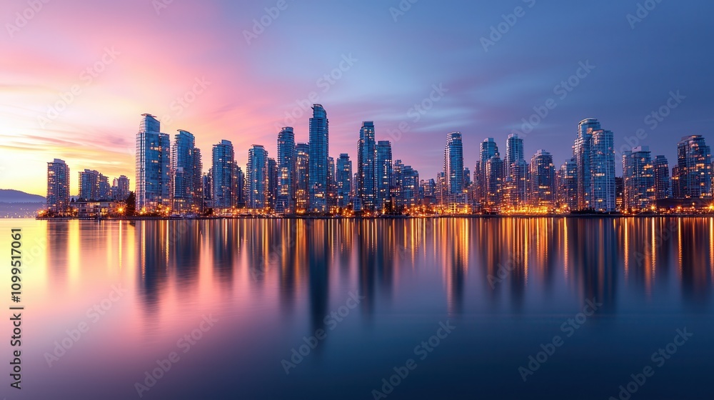 Obraz premium Stunning skyline reflection at dusk in a vibrant city