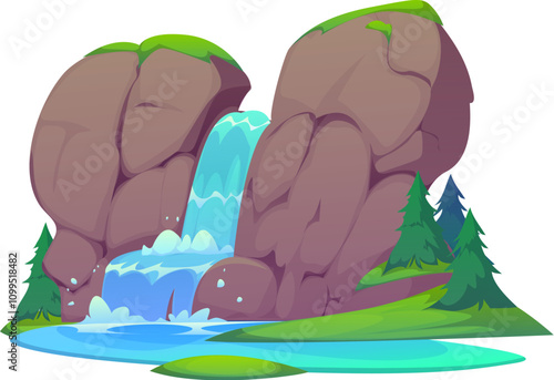 Waterfall and water cascade of river on mountain rock, cartoon vector nature scene element. Water stream and lake in forest, waterfall cascade falling between mountain rocks and flowing in forest