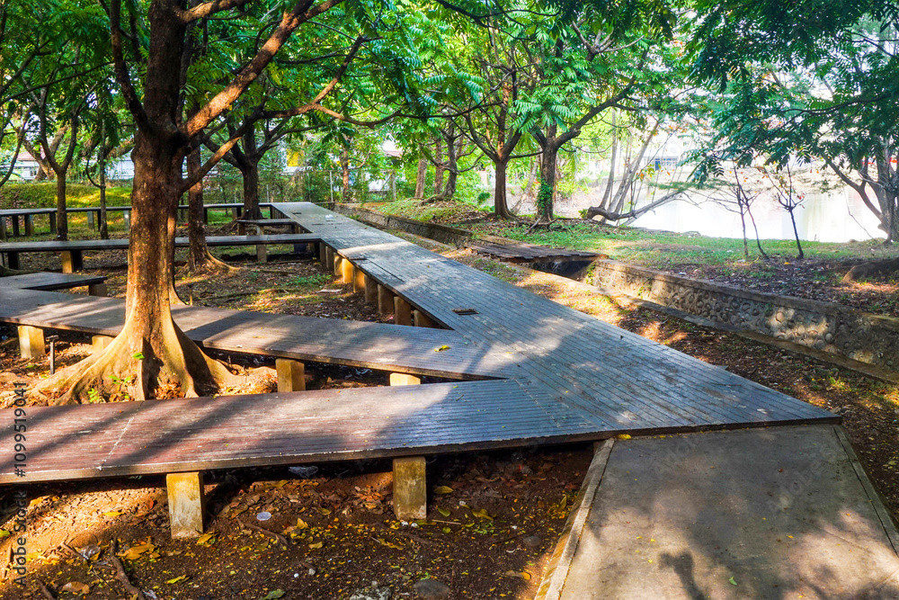 Obraz premium Park with wooden bridge and shady trees in the morning