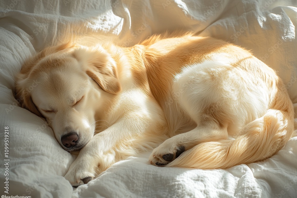Obraz premium Golden retriever puppy sleeping peacefully on a white bed in sunlight.