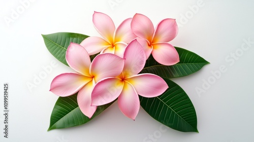 Tropical Plumeria Flower Arrangement on Green Leaves