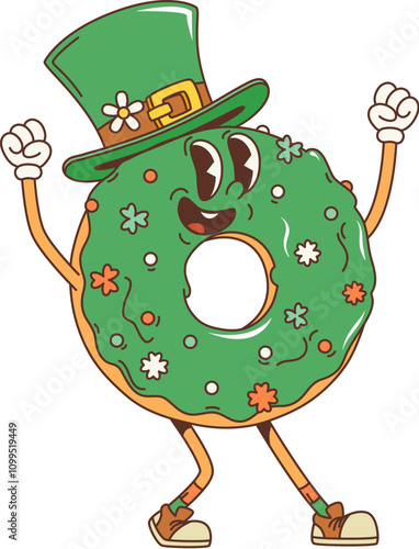 Cartoon retro groovy donut character, saint patrick day holiday personage. Isolated vector doughnut pastry with leprechaun top hat, green glaze, colorful clover sprinkles, vintage nostalgic 70s vibe photo