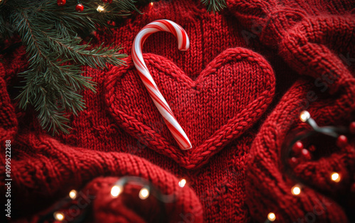 Festive Candy Cane with Pine and Cozy Red Knit Texture photo