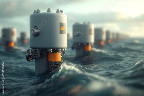 Offshore wave energy converter array generating renewable electricity from the ocean s powerful waves with linear rows of towering gray pylons emerging from the choppy seawater photo