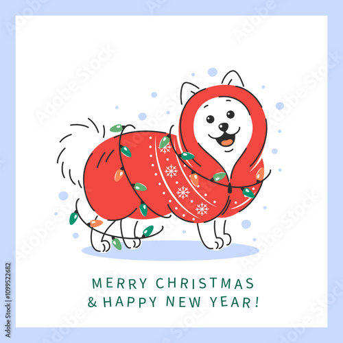 Dog spitz in winter festive clothes and with a garland. Сute pet in jacket and hat. Vector illustration for greeting card Merry Christmas and Happy New Year. 