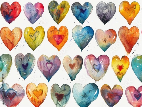 A collection of watercolor painted hearts each inscribed with a beatitude