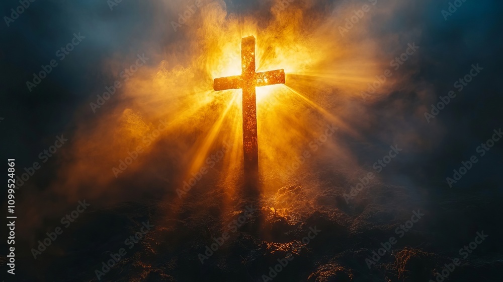 Fototapeta premium Hand reaching for the cross with light rays on a dark background