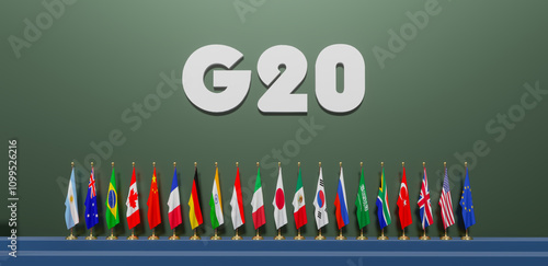 Flag G20 South Africa, Flags The members of the G20 are, G20 2025 colors flag with Text, Copy space, 3d illustration and 3d work photo