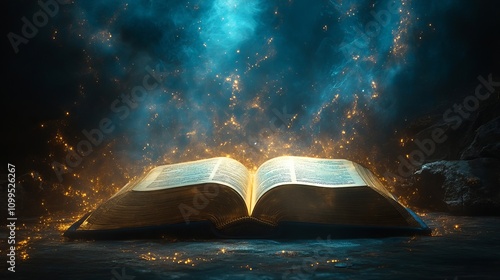 Holy Bible. Open book on wooden table in dark room with rays of light coming from above