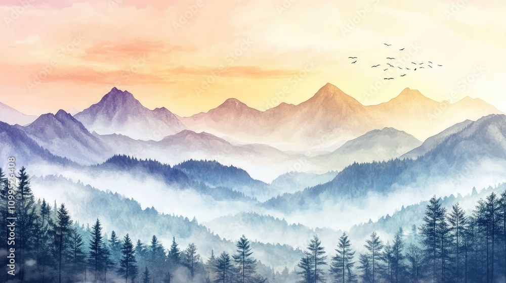 Obraz premium Beautiful Mountain Landscape with Soft Lighting, Pastel Colors, and Morning Fog in Digital Art Style, Watercolor and Brush Stroke Illustration
