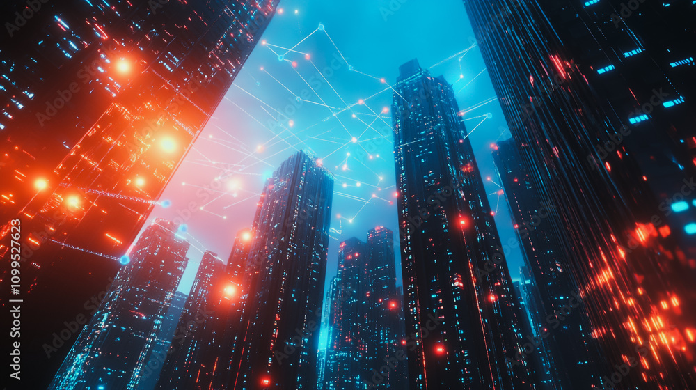 Fototapeta premium Smart digital Innovation city with connection network reciprocity over the sunset cityscape. of future wireless digital city and social media networking systems that connects people with in city