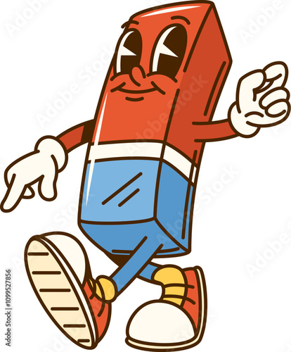 Groovy eraser school education and stationery character. Isolated cartoon vector student tool with cheerful smile and ok gesture. Office rubber, educational supplies retro personage evoking funky vibe