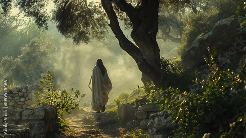 Jesus walking through Jerusalems Garden Tomb serene photo