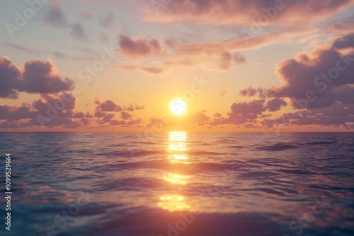 A tranquil ocean at sunset, with the sun setting behind the horizon and casting warm hues across the water's surface. The sky is painted in shades of orange and purple