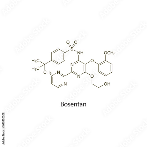Bosentan flat skeletal molecular structure endothelin receptor antagonist drug used in hypertension, heart failure treatment. Vector illustration scientific diagram.