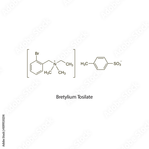 Bretylium Tosilate flat skeletal molecular structure Class II antiarrhythmic drug used in arrhythmia treatment. Vector illustration scientific diagram.