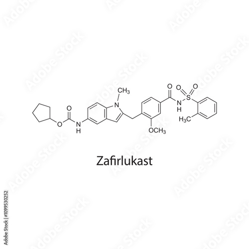 Zafirlukast flat skeletal molecular structure leukotriene receptor antagonist drug used in Asthma treatment. Vector illustration scientific diagram.