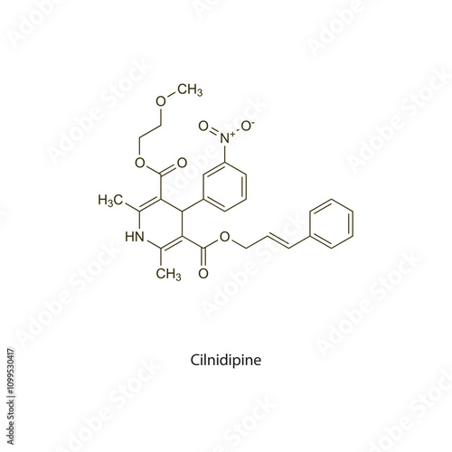 Cilnidipine flat skeletal molecular structure Calcium chanel blocker CCB drug used in hypertension treatment. Vector illustration scientific diagram.