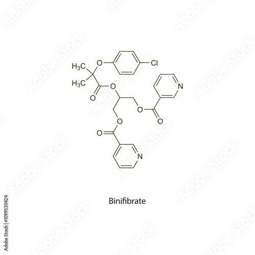 Binifibrate flat skeletal molecular structure Fibrate drug used in hyperlipidaemia treatment. Vector illustration scientific diagram.