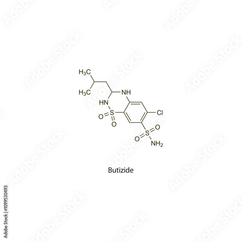 Butizide flat skeletal molecular structure Thiazide diuretic drug used in hypertension, oedema treatment. Vector illustration scientific diagram.
