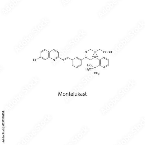 Montelukast flat skeletal molecular structure leukotriene receptor antagonist drug used in Asthma treatment. Vector illustration scientific diagram.