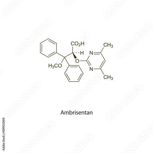 Ambrisentan flat skeletal molecular structure endothelin receptor antagonist drug used in hypertension treatment. Vector illustration scientific diagram.