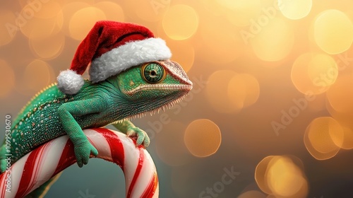 Curious chameleon on candy cane festive scene whimsical artwork holiday theme playful perspective vibrant concept photo