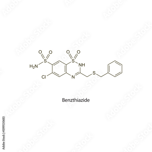 Benzthiazide flat skeletal molecular structure Thiazide diuretic drug used in hypertension, oedema treatment. Vector illustration scientific diagram.