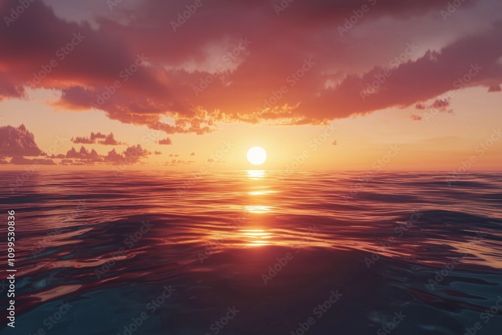 Obraz premium A tranquil ocean at sunset, with the sun setting behind the horizon and casting warm hues across the water's surface. The sky is painted in shades of orange and purple