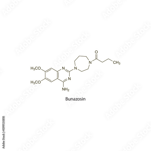 Bunazosin flat skeletal molecular structure Alpha blocker drug used in hypertension treatment. Vector illustration scientific diagram.