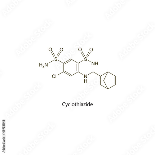 Cyclothiazide flat skeletal molecular structure Thiazide diuretic drug used in hypertension, oedema treatment. Vector illustration scientific diagram.