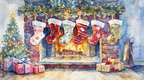 Watercolor cute flat illustration. Set of stockings hanging on the mantel on Christmas Eve, socks for fireplace mantel. Festive decoration interior room decoration, Winter and new year holiday.