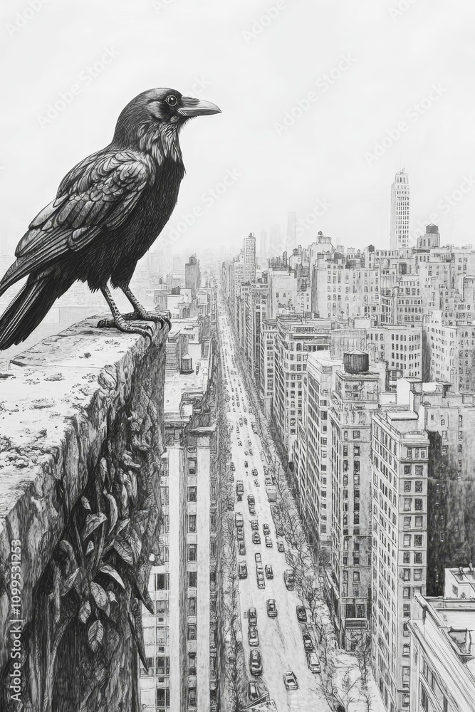 Fototapeta premium Raven perched, cityscape below, black and white sketch.