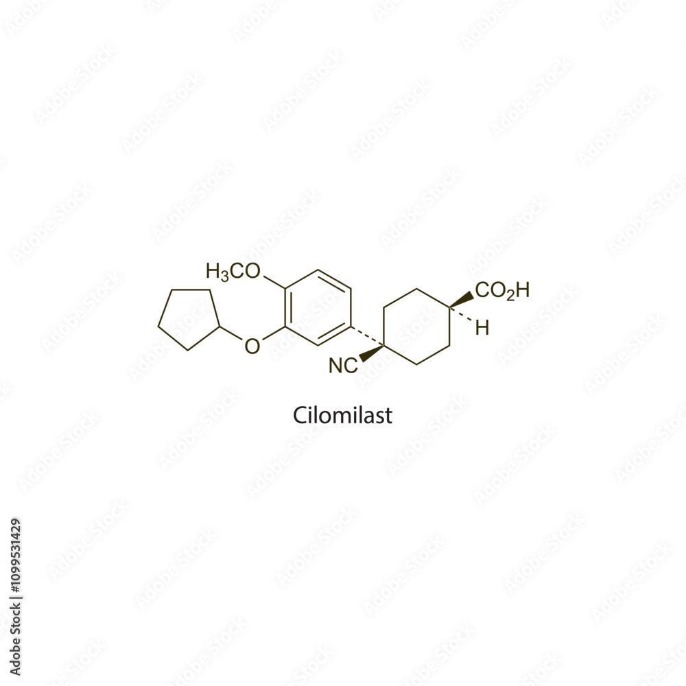Fototapeta premium Cilomilast flat skeletal molecular structure phosphodiesterase-4 inhibitor drug used in COPD treatment. Vector illustration scientific diagram.