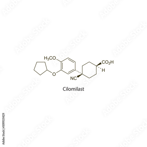 Cilomilast flat skeletal molecular structure phosphodiesterase-4 inhibitor drug used in COPD treatment. Vector illustration scientific diagram.