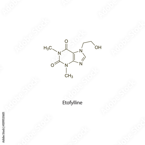 Etofylline flat skeletal molecular structure Bronchodilator drug used in Asthma, COPD treatment. Vector illustration scientific diagram.