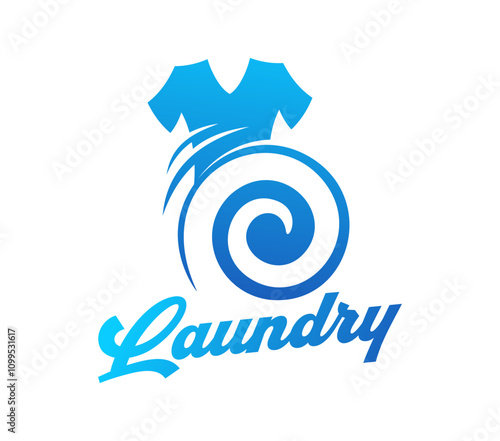 Laundry icon, wash service emblem with a swirl and shirt motif in blue color scheme, symbolizing cleaning and wash services. Isolated vector emblem for branding laundromats or cleaning businesses
