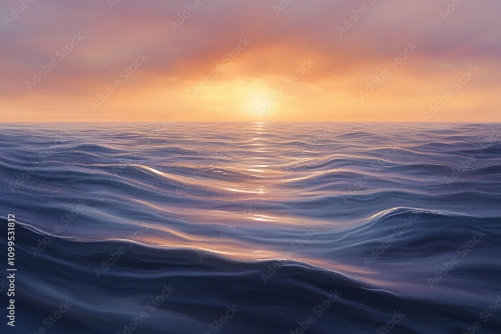Obraz premium A tranquil ocean at sunset, with the sun setting behind the horizon and casting warm hues across the water's surface. The sky is painted in shades of orange and purple