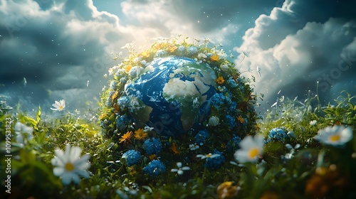 Wallpaper Mural Conceptual depicting the layers of Earth s atmosphere composed of recycled materials with wind turbine and solar power symbols surrounding it representing a sustainable and eco friendly planet Torontodigital.ca