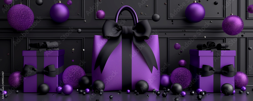Fototapeta premium A purple purse is surrounded by three purple boxes and a bunch of purple balls