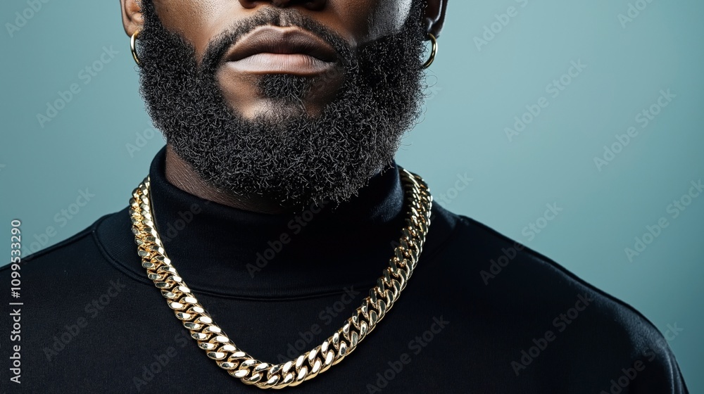 Obraz premium Close-up of a man's lower face with a full beard wearing a thick gold chain necklace and black shirt against a blue background