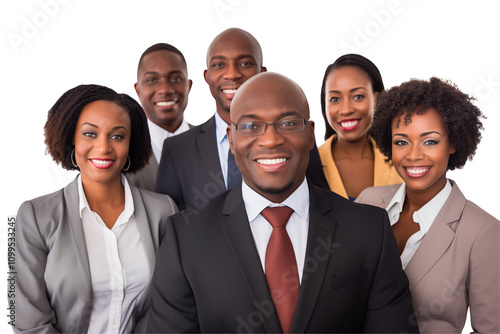 Group of smiling business black people in suits on transparent background. Groups of people in business attire. Rich black man and women. Business leader. Startup boss. Isolated image. PNG cut out.